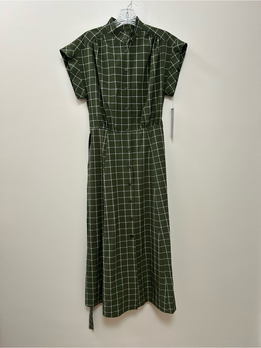 Calvin Klein Olive Green Windowpane Button-Front Belted Dress (size 2)